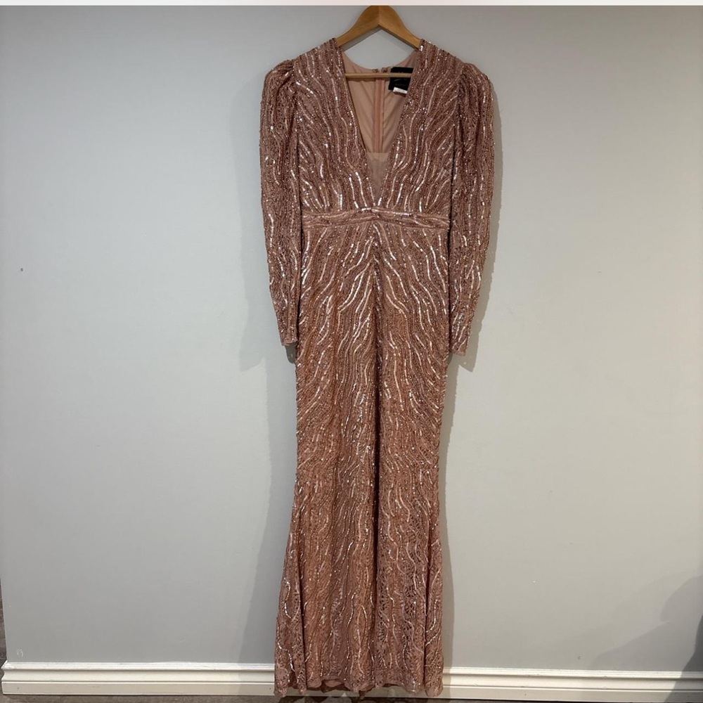 Mac Duggal Long Sleeve Sequin Dress in Rose Gold